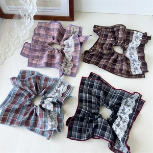 Vintage Plaid Fabric Hair Scrunchies With White Lace Bow Double Layer Elastic Hair Ties For Women Girls Daily Styling