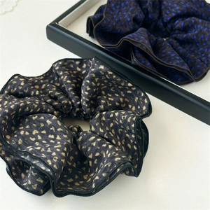 Elegant floral leopard print scrunchies in brown and blue satin fabric for women