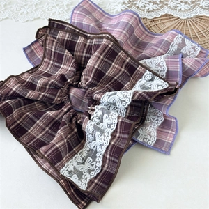 Vintage plaid fabric hair scrunchies with white lace trim for autumn hairstyles