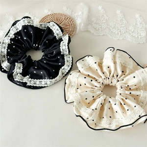 Lace polka dot satin scrunchies in black and beige, elegant hair accessories set for women