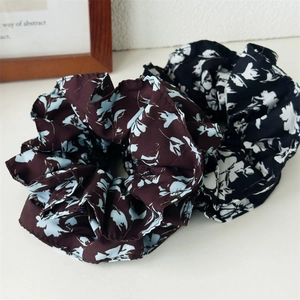 Chouchou en Tissu Imprimé Floral Élégant Style Coréen Large Élastique à Cheveux Plissé Fait Main Accessoires Cheveux Femme