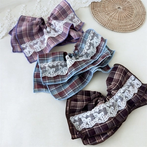 Vintage plaid hair scrunchies with white lace trim in purple, blue, and coffee colors