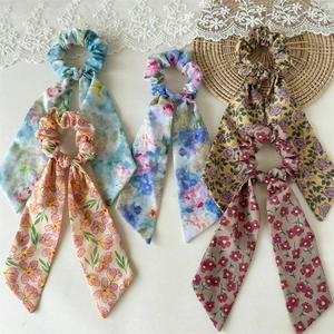 Summer Floral Print Ponytail Streamer Scrunchie For Women Lazy Vacation Style Oil Painting Pattern Fabric Hair Tie