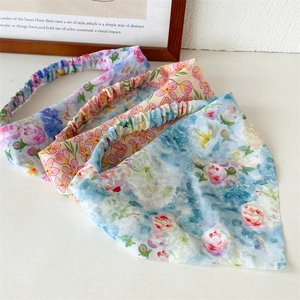 Three-piece set of floral chiffon hair scarves with elastic bands in blue, yellow, and pink