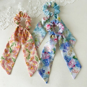 Chiffon floral print ponytail scrunchies set with long ribbons for summer hair styling