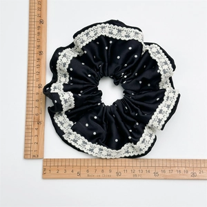 Lace-edged polka dot satin scrunchie for women with a vintage oversized design