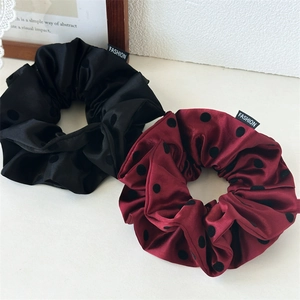 Elegant satin polka dot hair scrunchies set in black and burgundy with fashion label
