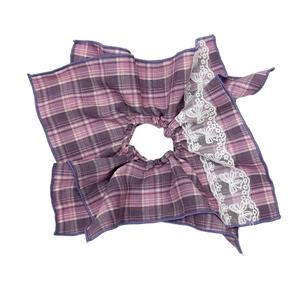 Vintage purple plaid double-layered hair scrunchie with delicate white lace and butterfly patterns