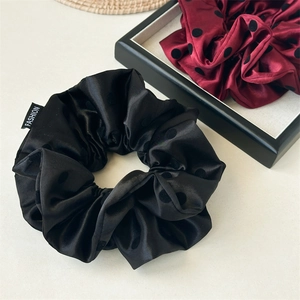 Elegant satin polka dot hair scrunchies set in black and burgundy with fashion label