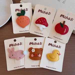 Cute leather embroidered hair clips set for kids featuring bear, rabbit and fruit shapes