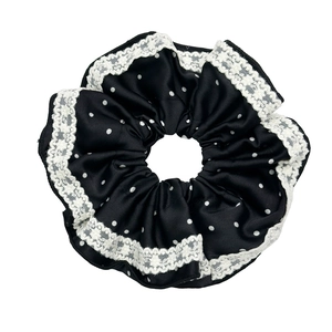 French vintage oversized black polka dot satin scrunchie with delicate lace trim