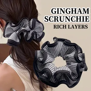 Scrunchie in Tessuto a Quadretti Oversize Plicsettato a Quattro Strati Elastico per Capelli Stile Coreano Accessori Donna