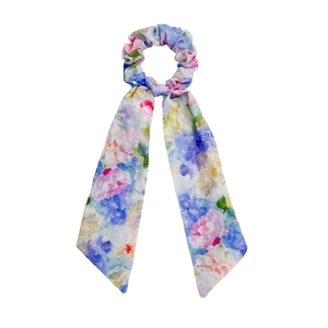 Floral watercolor printed ponytail hair scrunchie with long ribbons for summer