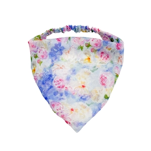 Floral print triangle hair scarf with blue pink watercolor flowers and elastic headband