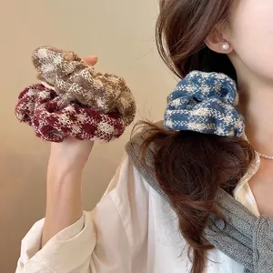 French vintage plaid knit scrunchie set in blue and burgundy for elegant hair styling