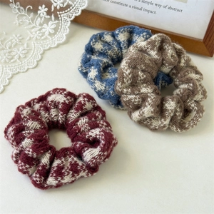 French Vintage Knitted Plaid Scrunchies Retro Checkerboard Pattern Elastic Hair Ties Fashion Oversized Ponytail Holder For Women