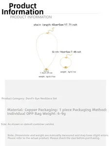 Detailed view of evil eye necklace and bracelet set with size measurements in gold finish