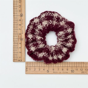 French vintage red and white plaid knit hair scrunchie with 10cm diameter