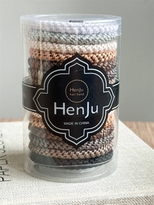 Detail of high-elasticity braided hair bands set in a clear cylindrical plastic jar