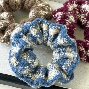 French vintage plaid knit scrunchies set in blue, coffee, and burgundy classic colors