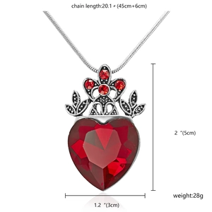 Gothic red heart gemstone necklace with silver crown detail and exact dimensions