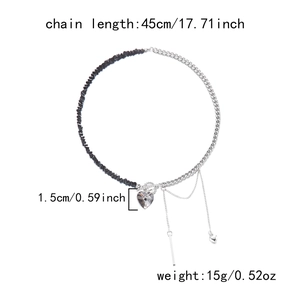 Detailed dimensions of the heart pendant necklace with asymmetrical chain and black beads