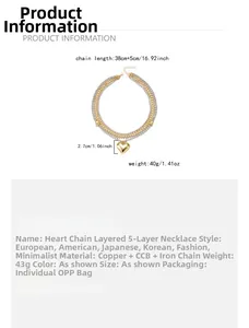 Détail du collier multirang cœur avec dimensions de 38cm de chaîne et pendentif de 2,7cm
