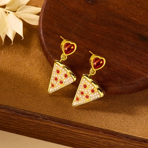 Boucles d'oreilles vintage chat et poisson avec pendentifs pizza en cristal