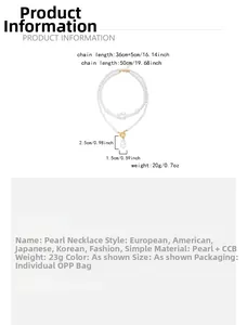 Vue détaillée du collier de perles baroques avec dimensions de la chaîne et du pendentif
