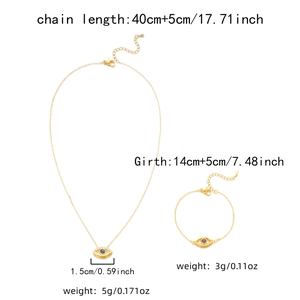Detail view of Evil Eye necklace and bracelet dimensions with weight specifications