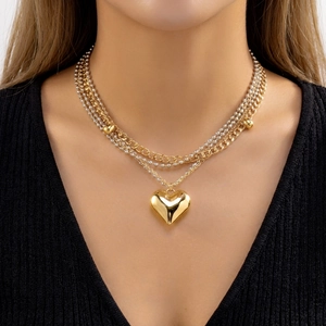 Collier Pendentif Cœur Multicouche Pour Femme Alliage Tons Or Argent Mode Minimaliste Chaîne Clavicule Bijoux