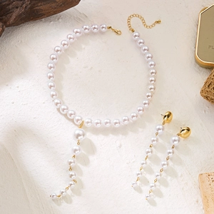 Retro Y-shaped pearl necklace and tassel earrings set with 18K gold plated chain