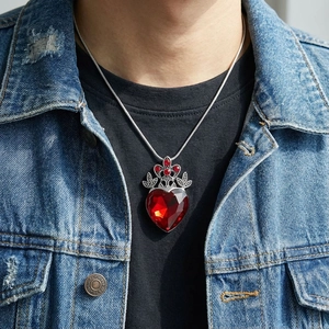 Vintage Gothic Alloy Heart Rhinestone Pendant Necklace For Women Retro Crown Red Crystal Heart Snake Chain Jewelry Gift