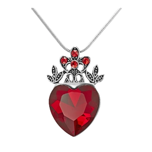 Gothic crown heart pendant necklace with red gemstone and antique silver finish snake chain