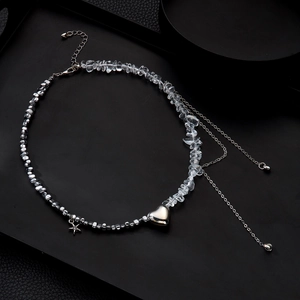 Modern silver bead and crystal stone necklace with heart pendant and star charm decoration