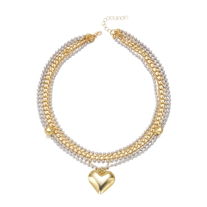 Collier multicouche or et argent avec pendentif coeur et fermoir mousqueton réglable
