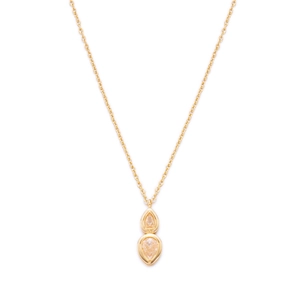 Macro view of double teardrop pendant necklace with sparkling pear-cut yellow crystals