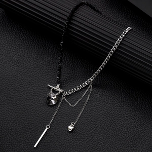 Gothic heart crystal necklace with black faceted beads and chunky silver chain