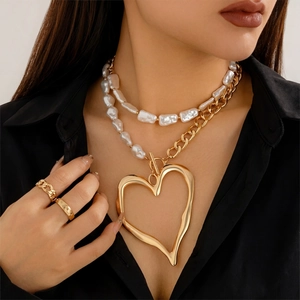 Double Layer Baroque Imitation Artificial Pearl Necklace Alloy Chunky Chain Exaggerated Lava Hollow Heart Pendant Punk Y2K Jewelry
