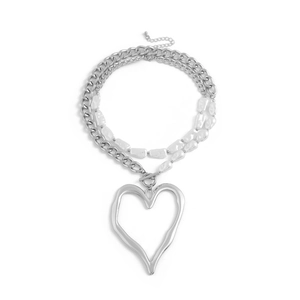 Double-layer silver chain necklace with baroque pearls and large hollow heart pendant