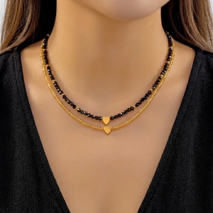 Double Layer Heart Pendant Necklace Black Faceted Crystal Seed Bead Choker Gold Plated Alloy Commuter Jewelry For Women