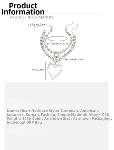 Detailed technical diagram showing double layer bead necklace with heart pendant dimensions