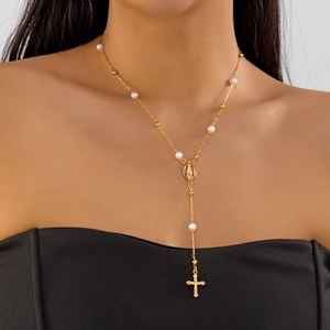 Elegante goldene Y-Halskette mit weißen Perlen, Heiligenikone und Kreuzanhänger für Damen