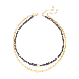 Double-layered gold heart pendant necklace set with faceted black crystal beads