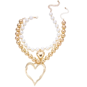 Double-layered gold necklace with imitation pearls and irregular lava heart pendants