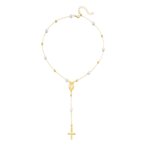 Goldene Rosenkranz-Halskette mit weißen Perlen und Kreuzanhänger auf weißem Grund