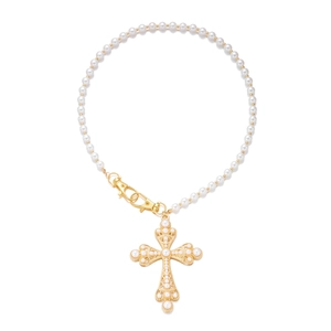 Baroque pearl cross necklace with large gold hollow pendant and intricate beadwork