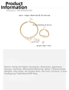 Detailed size specifications for the gold-plated rhinestone ring and necklace jewelry set