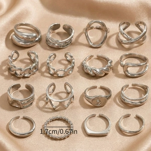 16-piece set of silver bohemian rings featuring minimalist heart and twisted metal designs