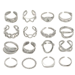 16-piece silver alloy knuckle ring set with heart and irregular minimalist designs